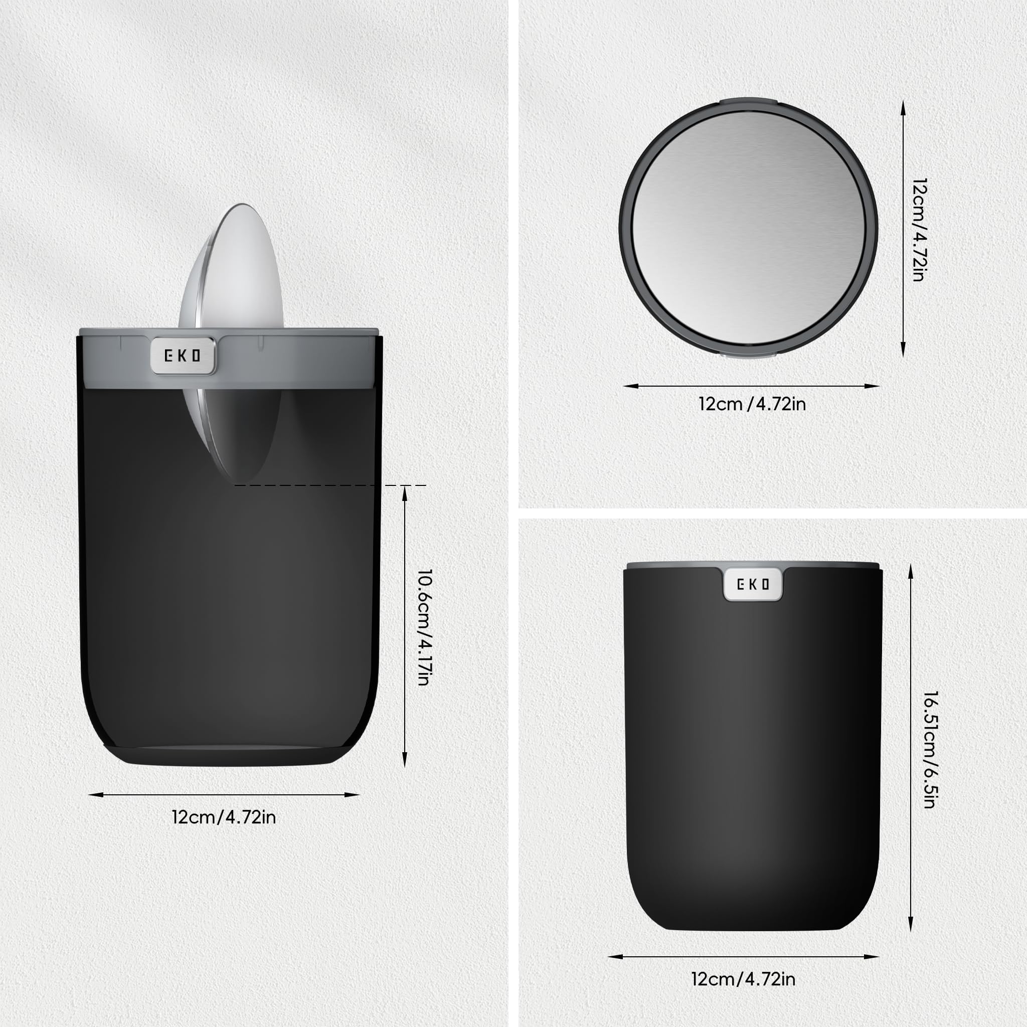 EKO Mini Desk Trash Can with Swing-Top Lid 0.4 Gallon Small Table Round Wastebasket for Office, Home, Car (Black)