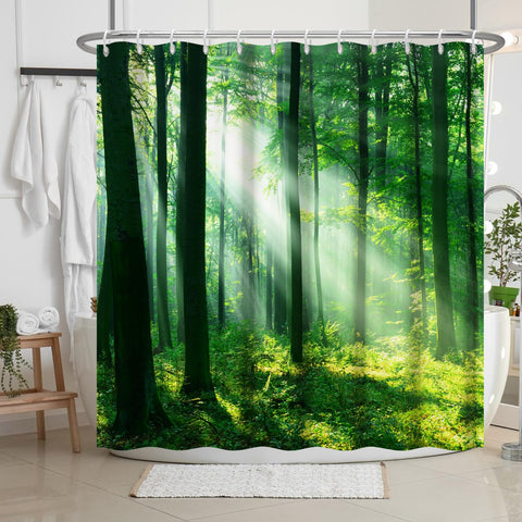 Bovlleetd 60x72inch Morning Forest Sunlight Bathroom Curtain 3D Printing Forest Scenery Natural Shower Curtain Green Woodland Waterproof Bath Curtain
