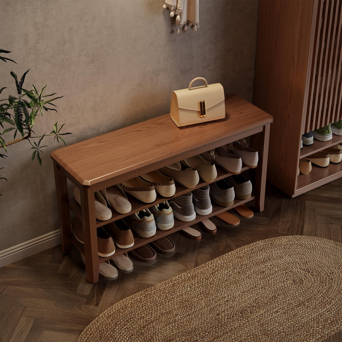 AQIMUELE Small Shoe Bench, Shoe Bench Storage with Seat, Wooden Shoe Rack 2-Tier, for Hallway, Entryway, Living Room, Bedroom, 100cm (Walnut)
