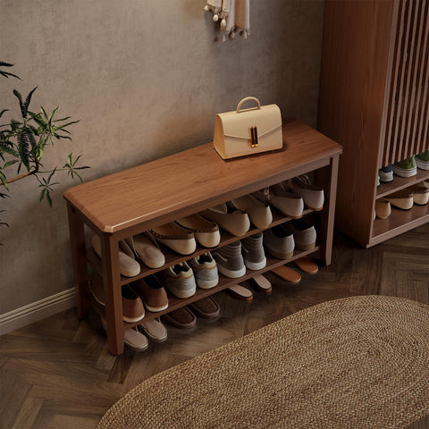 AQIMUELE Small Shoe Bench, Shoe Bench Storage with Seat, Wooden Shoe Rack 2-Tier, for Hallway, Entryway, Living Room, Bedroom, 100cm (Walnut)