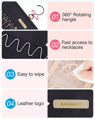 bagsmart Dual-sided Jewelry Organizer Hanging with Metal Hooks,32 Pockets and 3 Wave-Shaped Hooks,Jewelry Roll for Earrings,Necklaces,Rings on