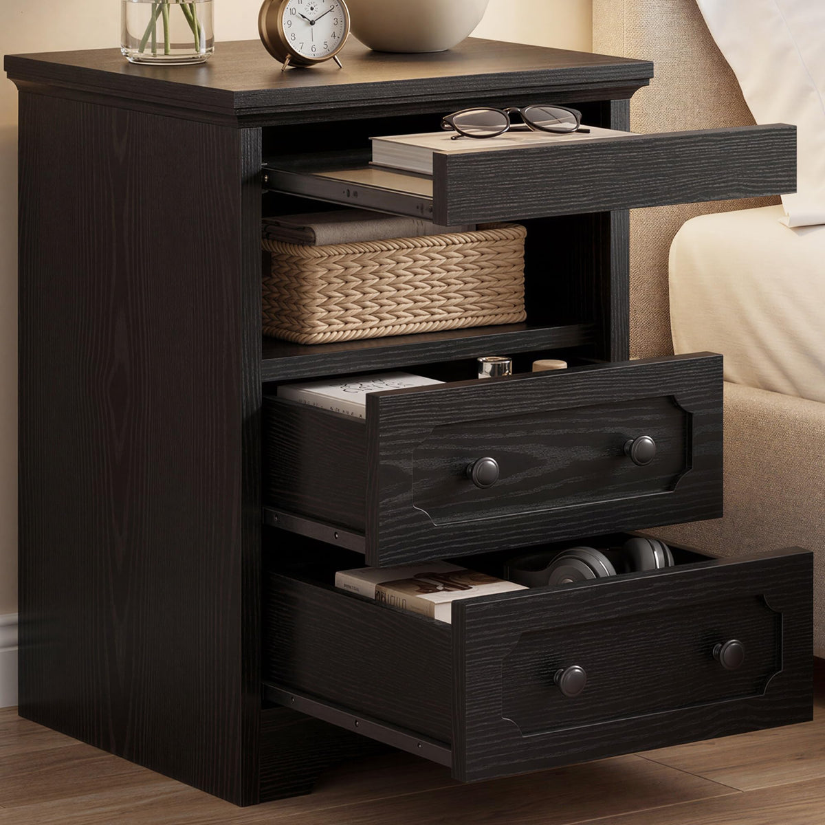 IRONCK Bedside Table with 2 Drawers, Modern Nightstand with Open Shelf, End Table with Pull-Out Tray for Bedroom, Living Room, Black