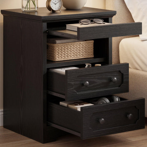 IRONCK Bedside Table with 2 Drawers, Modern Nightstand with Open Shelf, End Table with Pull-Out Tray for Bedroom, Living Room, Black
