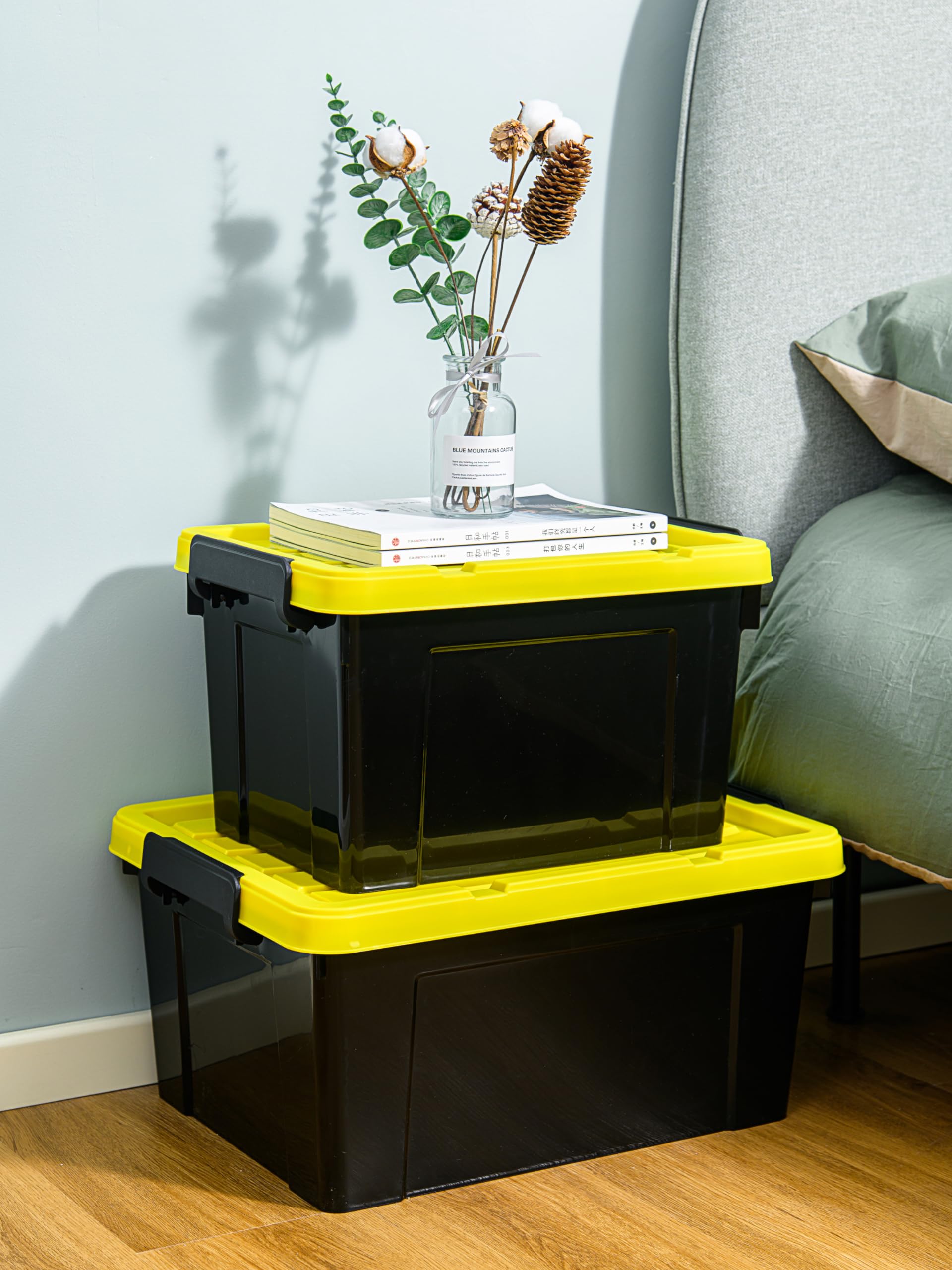 Cetomo 15L*4 Storage Boxes, Plastic Storage Box with Lids, Container with Handle for Tool, Outdoor, Garden, Home, Stackable, Nesting