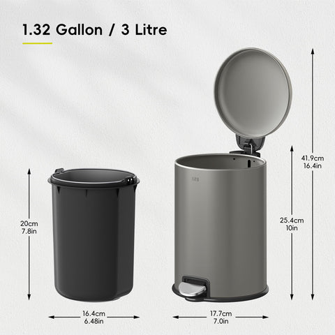 EKO Serene Step Bin, 3L Round Small Trash Can with Removable Inner Liner for Bedroom & Bathroom, Pedal Bin for Rubbish and Waste, Titanium Grey