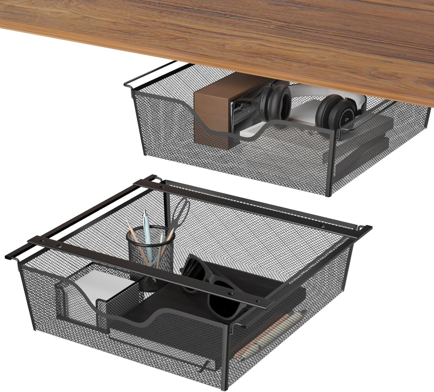 CADUKE Under Desk Drawer 2Pcs, Metal Hidden Desk Organiser, Undermount Storage Drawer, Space-Saving Hidden Organizer