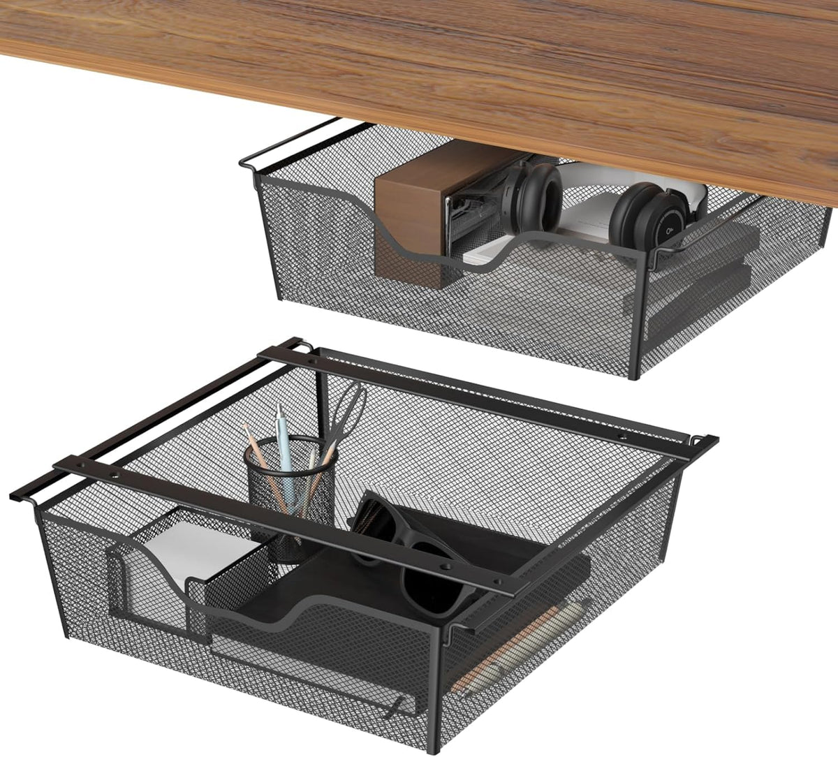 CADUKE Under Desk Drawer 2Pcs, Metal Hidden Desk Organiser, Undermount Storage Drawer, Space-Saving Hidden Organizer