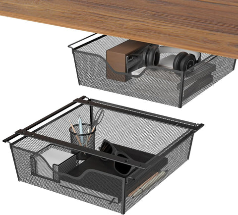 CADUKE Under Desk Drawer 2Pcs, Metal Hidden Desk Organiser, Undermount Storage Drawer, Space-Saving Hidden Organizer