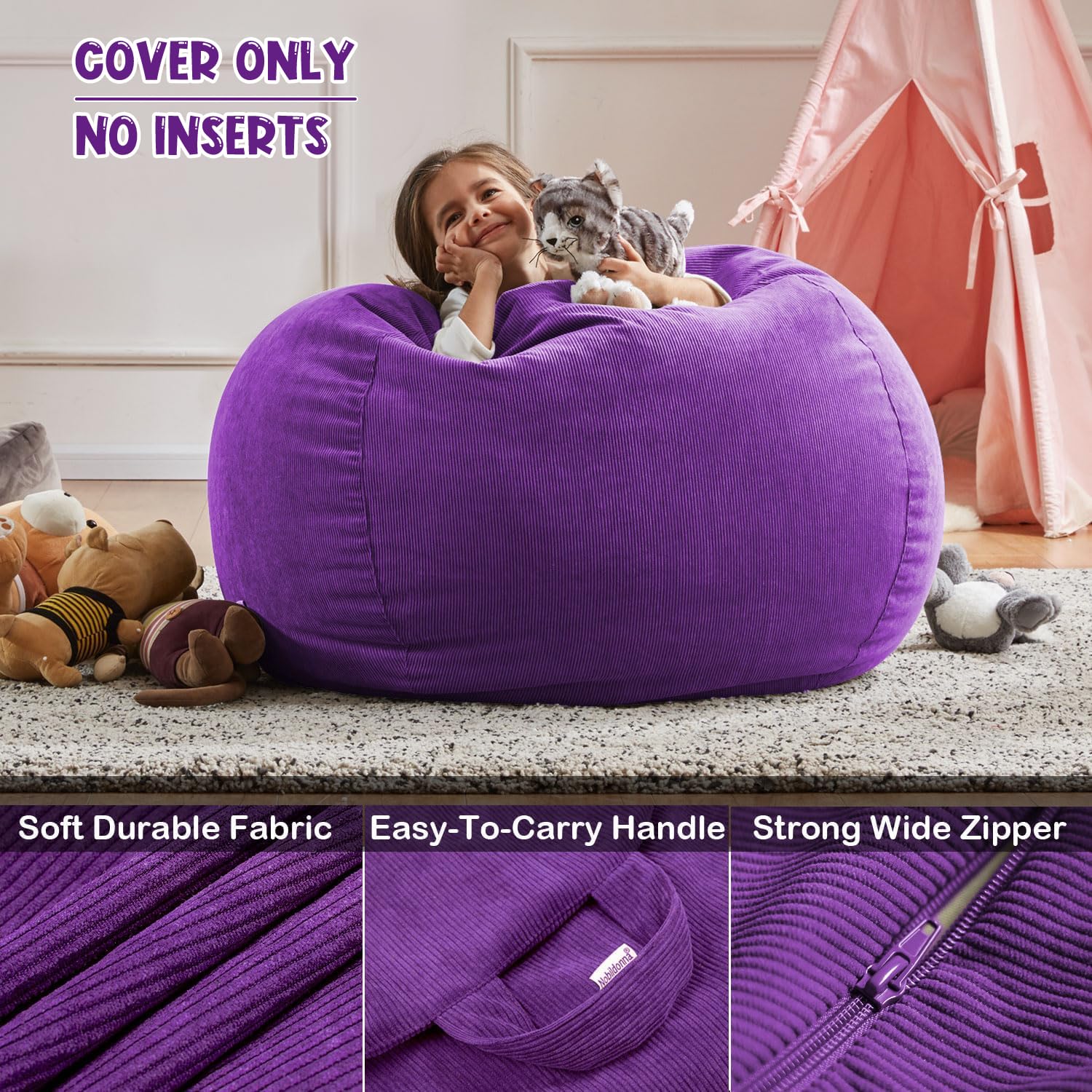 Nobildonna Bean Bag Chair Cover (No Filler) for Kids Beanbag Stuffed Animal Storage Without Filling Plush Toys Holder and Organizer Soft Premium