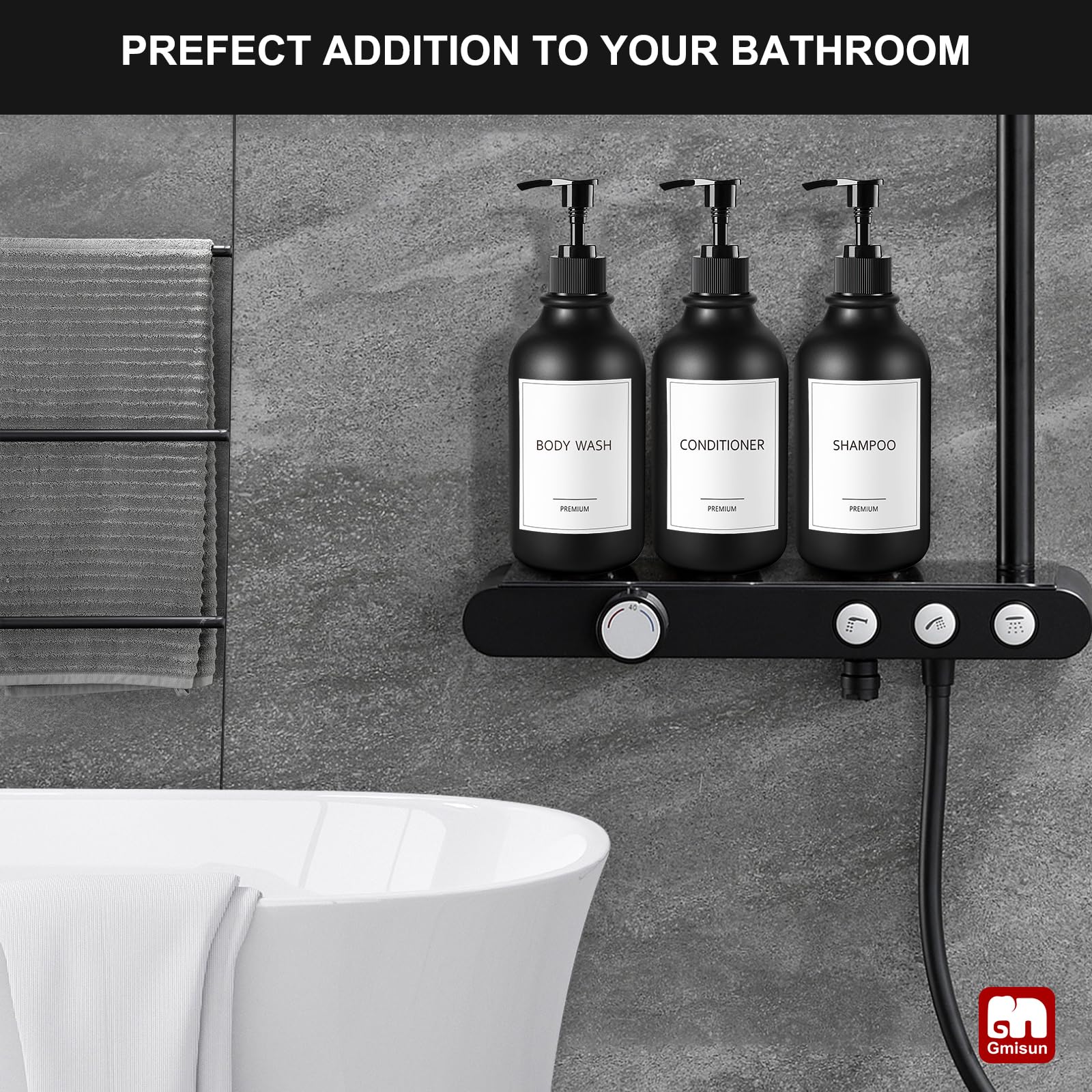 GMISUN Shampoo and Conditioner Bottles, Plastic Black Shampoo Dispenser