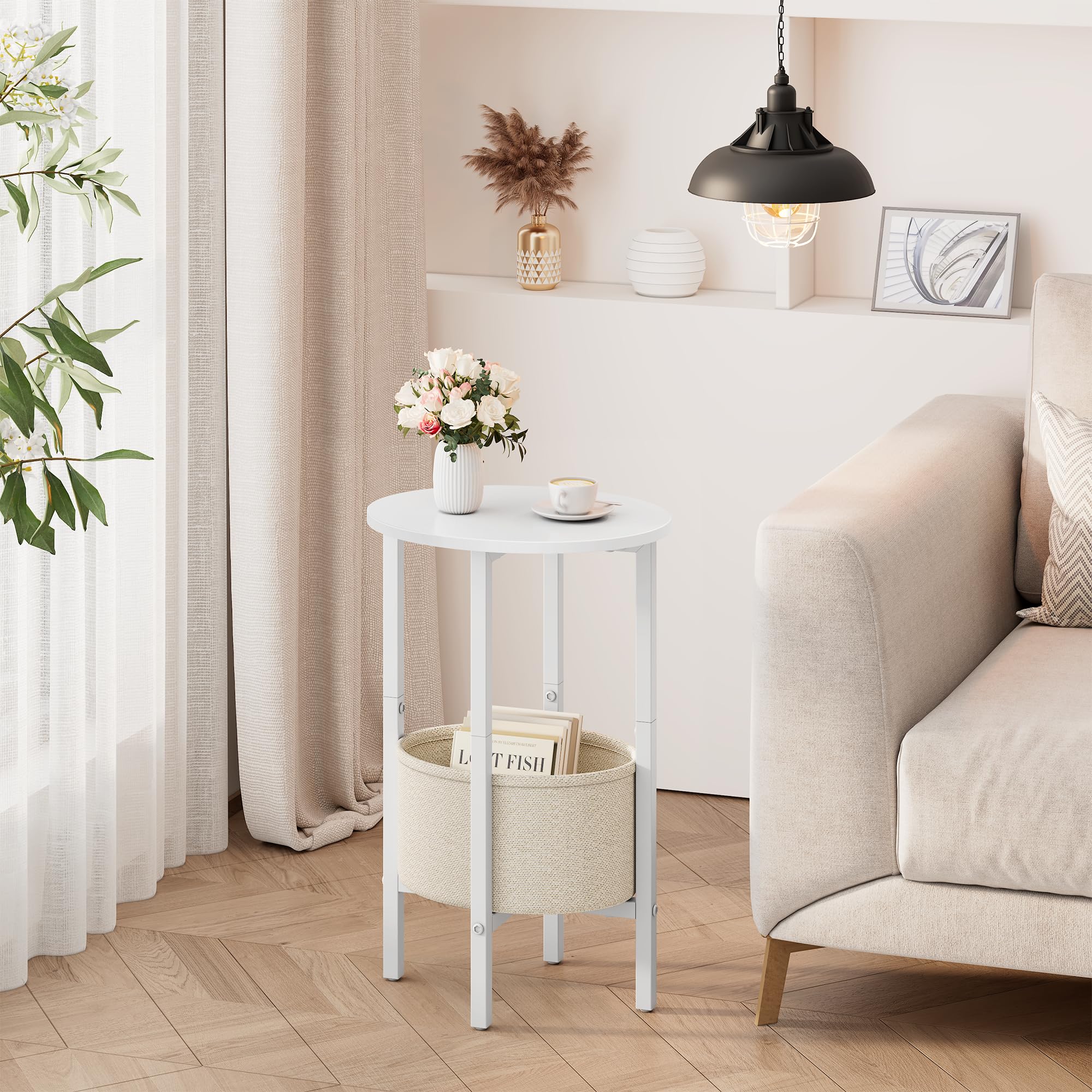 Vagusicc Round Side Table, Round Coffee Table with Fabric Basket, Side Tables Living Room, Decorative Small End Tables for Smal Space