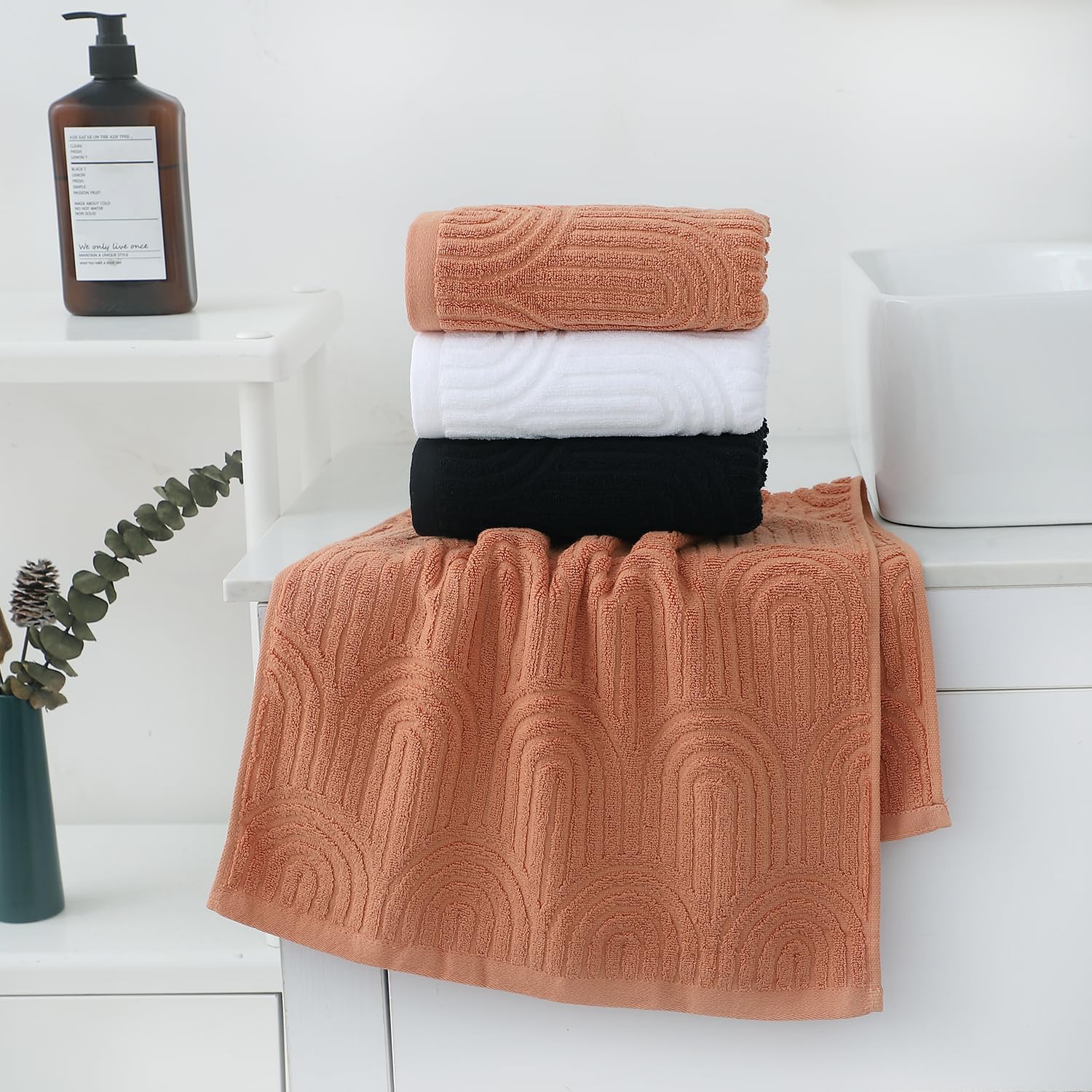 Pidada Hand Towels Set of 4 Striped Pattern 100% Cotton Absorbent Soft Decorative Towel for Bathroom (Black)