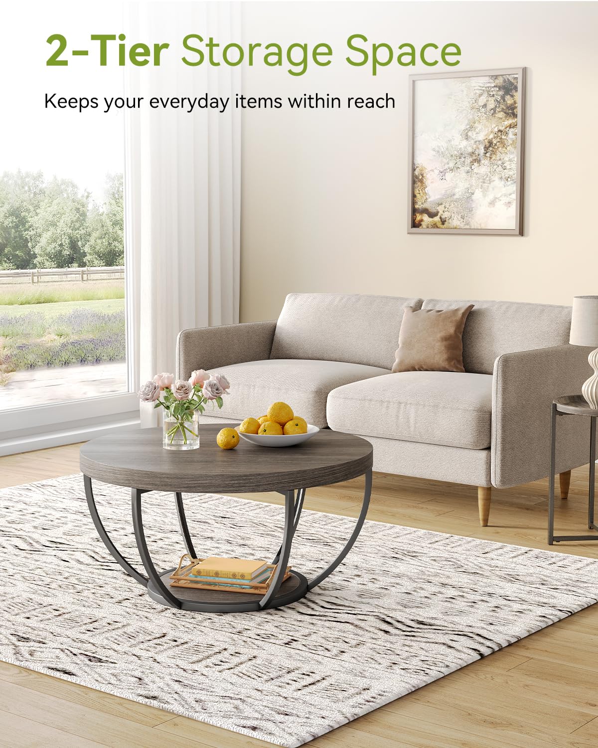 LITTLE TREE Round Coffee Table, 32 Inch Round Coffee Table for Living Room, 2 Tier Wooden Side Center Table with Open Storage