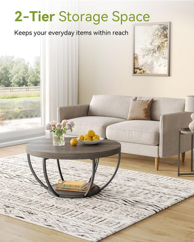 LITTLE TREE Round Coffee Table, 32 Inch Round Coffee Table for Living Room, 2 Tier Wooden Side Center Table with Open Storage