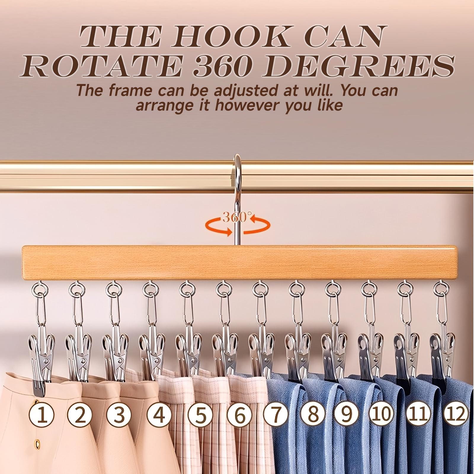 2 PCS Hat Rack, Baseball Cap Holder Hats Storage Organizer Wooden Hat Hanger with 12 Rubber-Coated Stainless Steel Clip for Closet Scarves Trousers