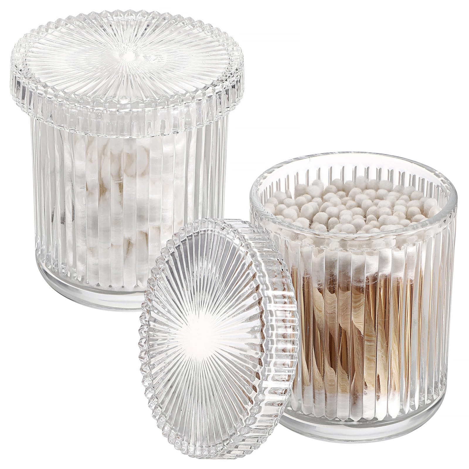 OLegei Glass Cotton Ball and Swab Holder Organizer, Set of 2 Bathroom Glass Storage Jars with Lid, Q-tips Floss Dispenser