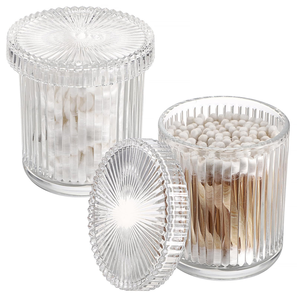OLegei Glass Cotton Ball and Swab Holder Organizer, Set of 2 Bathroom Glass Storage Jars with Lid, Q-tips Floss Dispenser