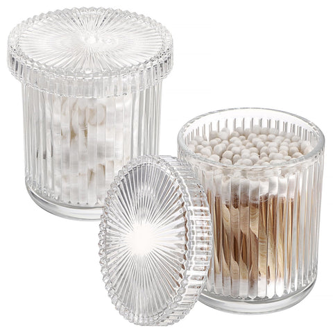 OLegei Glass Cotton Ball and Swab Holder Organizer, Set of 2 Bathroom Glass Storage Jars with Lid, Q-tips Floss Dispenser