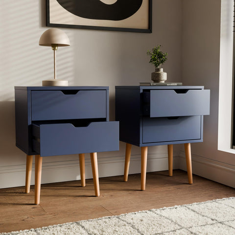 GFW Nyborg Set of 2 Bedside Cabinets, Nightshadow Blue 2 Drawer Scandi Nightstands with Wooden Legs and Cut-Out Handles