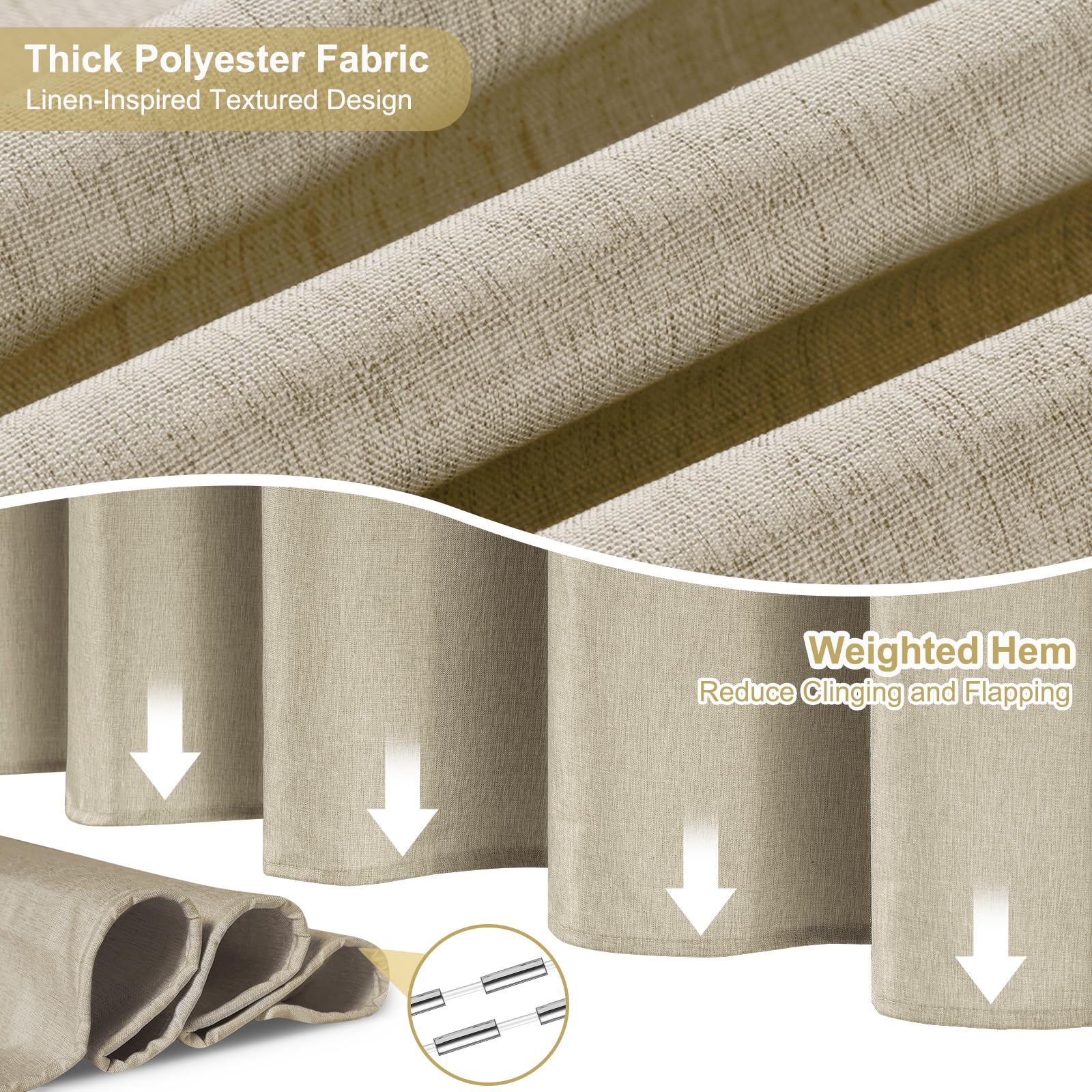 Hotel Style No Hook Rustic Linen Shower Curtain for Bathroom 230GSM Thick Fabric Texture Shower Curtains, Enhanced Waterproof, Weighted Hem