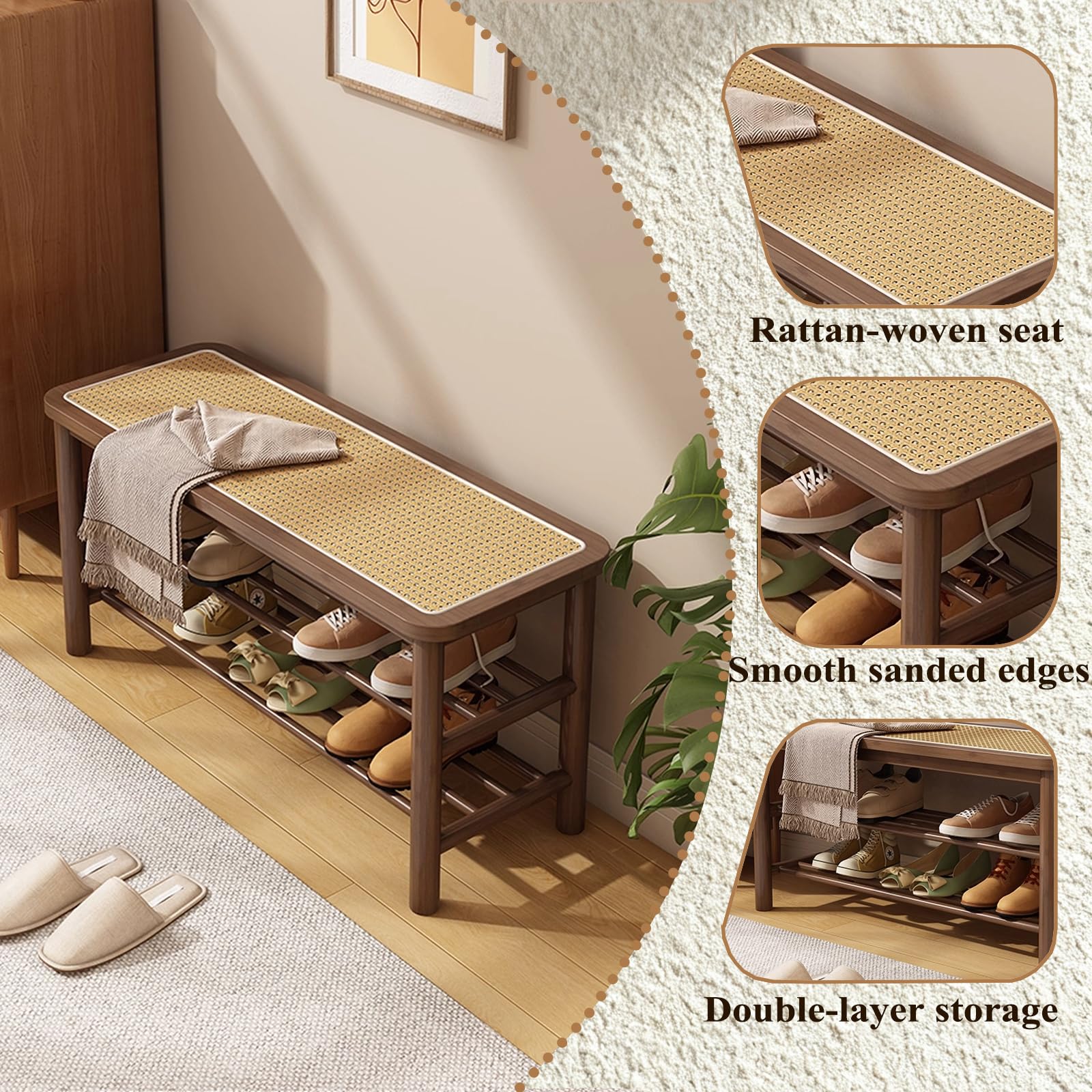 SOBIBO Bamboo Shoe Rack Bench with Rattan Seat, 3-Tier Shoe Storage Bench, Entryway Bench for Hallway, Walnut-31.5 inches