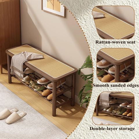 SOBIBO Bamboo Shoe Rack Bench with Rattan Seat, 3-Tier Shoe Storage Bench, Entryway Bench for Hallway, Walnut-31.5 inches