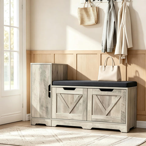 YITAHOME Shoe Bench with Side Cabinet, Padded Seat, 105cm, Grey