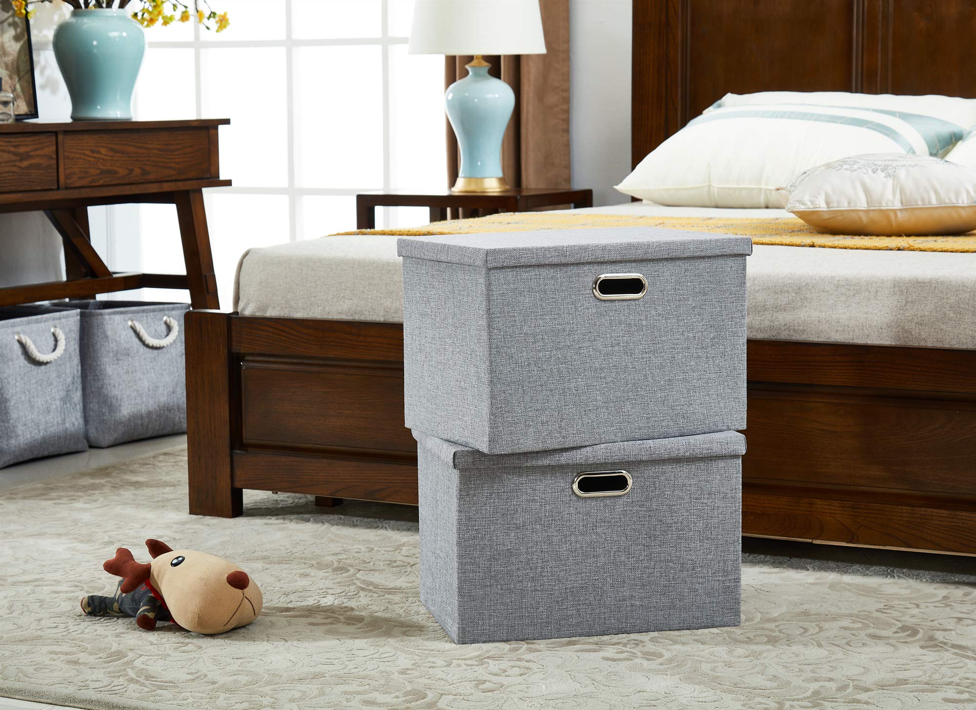 AlphaHome Large Storage Boxes with Lids [2 Pack], Foldable Linen Fabric Storage Baskets for Organising Clothes and Toys(Glaucous Grey, 39x27x25cm)