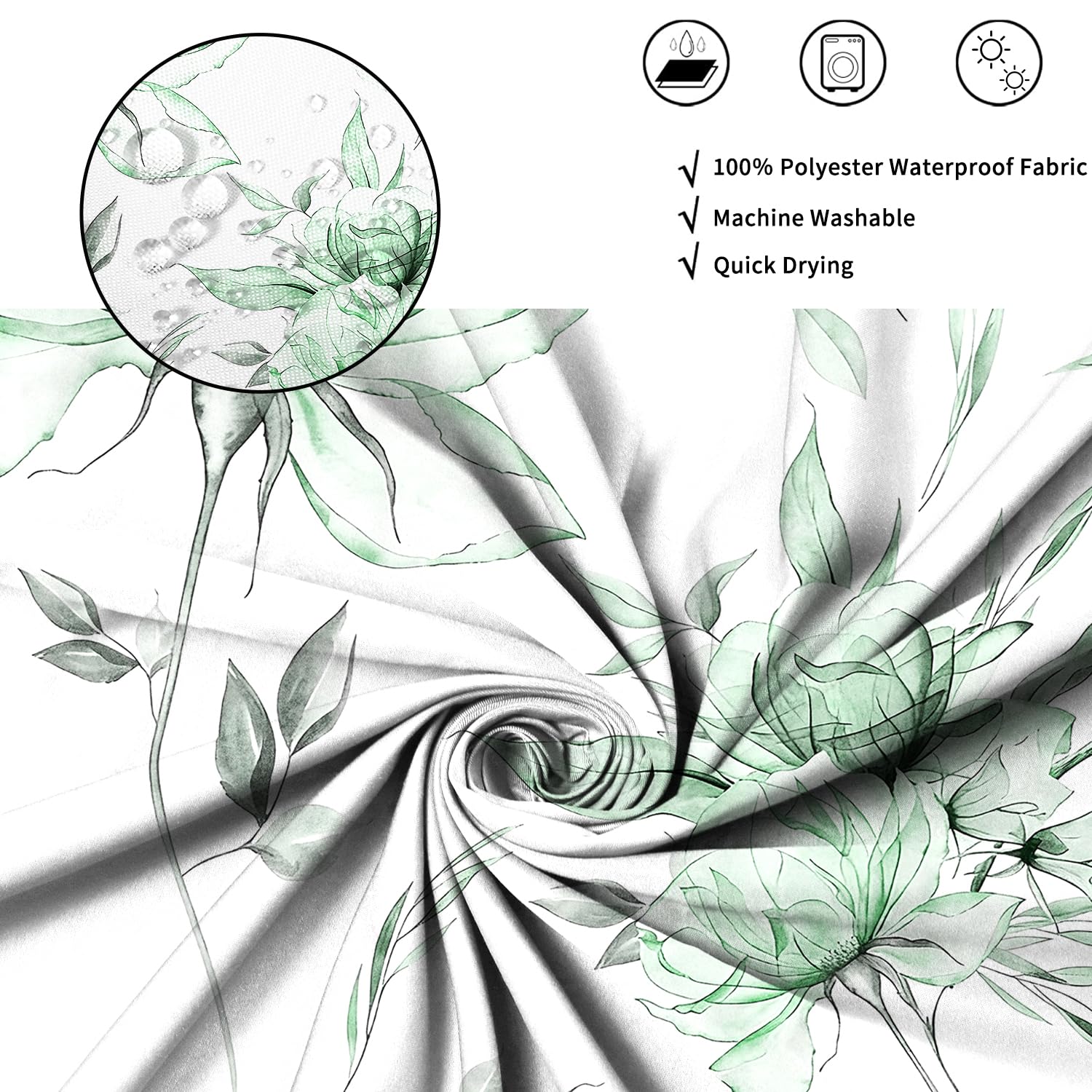 ASDCXZ Watercolor Floral Shower Curtain 180x200 cm, Ink Painting Style Green Flowers Leaves Spring Plants Waterproof Bath Curtain Polyester Textile