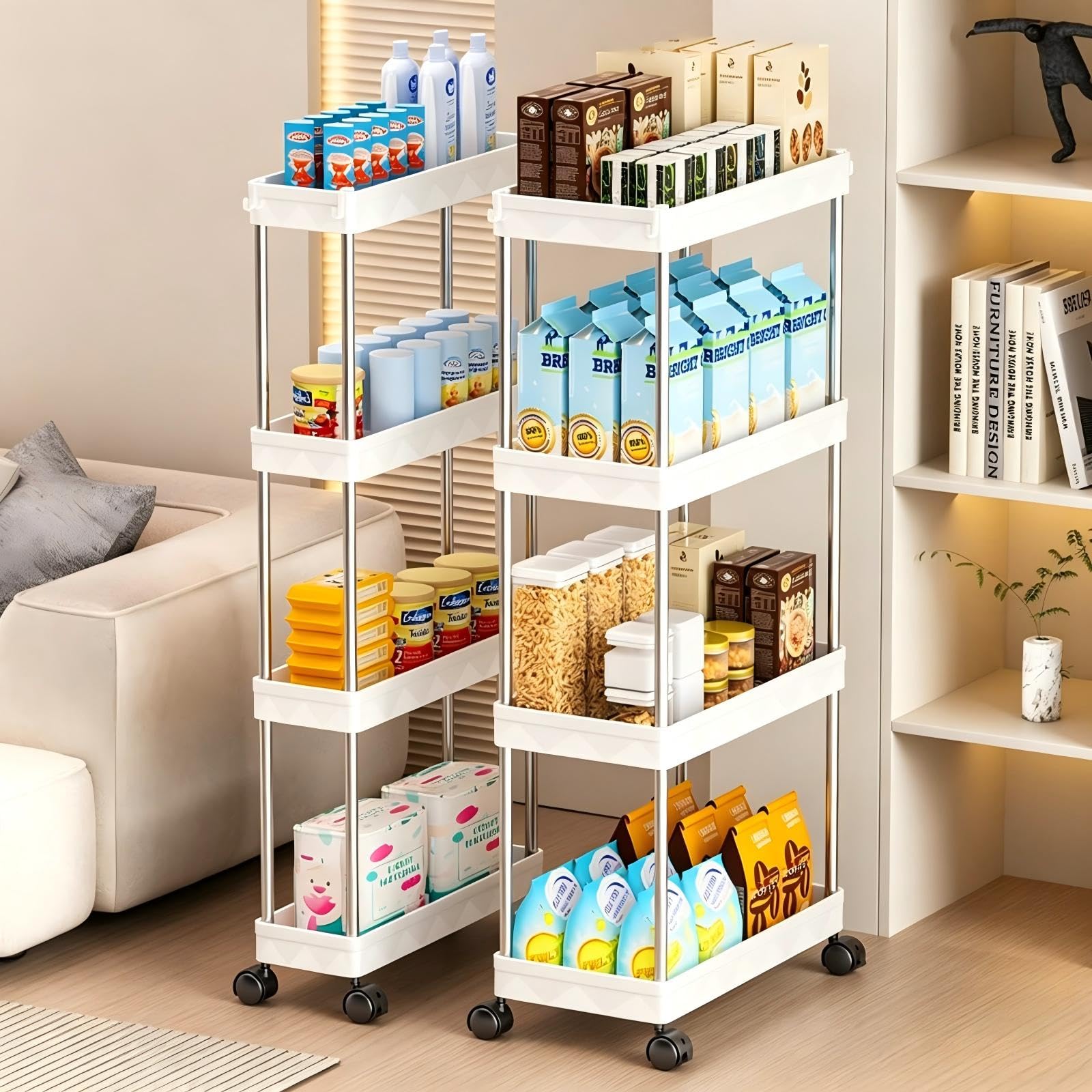 Multibao 4 Tier Slim Slide Out Kitchen Trolley Rack Holder Storage Shelf Organiser with Wheels for Small Spaces Bathroom Kitchen Laundryroom Bedroom