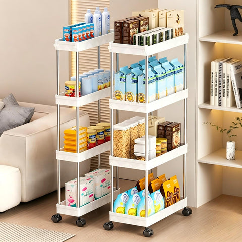 Multibao 4 Tier Slim Slide Out Kitchen Trolley Rack Holder Storage Shelf Organiser with Wheels for Small Spaces Bathroom Kitchen Laundryroom Bedroom