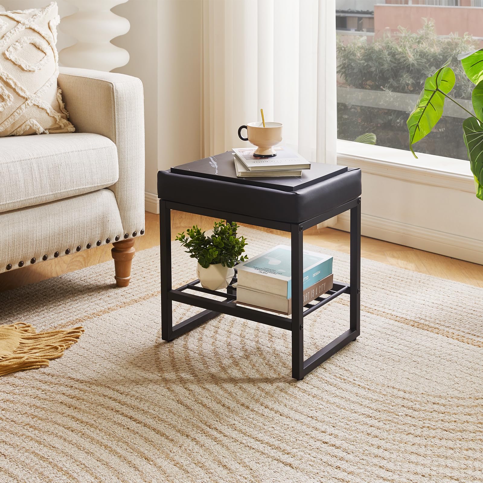 Aibiju Stool Chair for Dressing Table, Faux Leather Small Makeup Bench for Vanity, PU Seat Vanity Stool for Bedroom Living Room, Black YD-JD150B