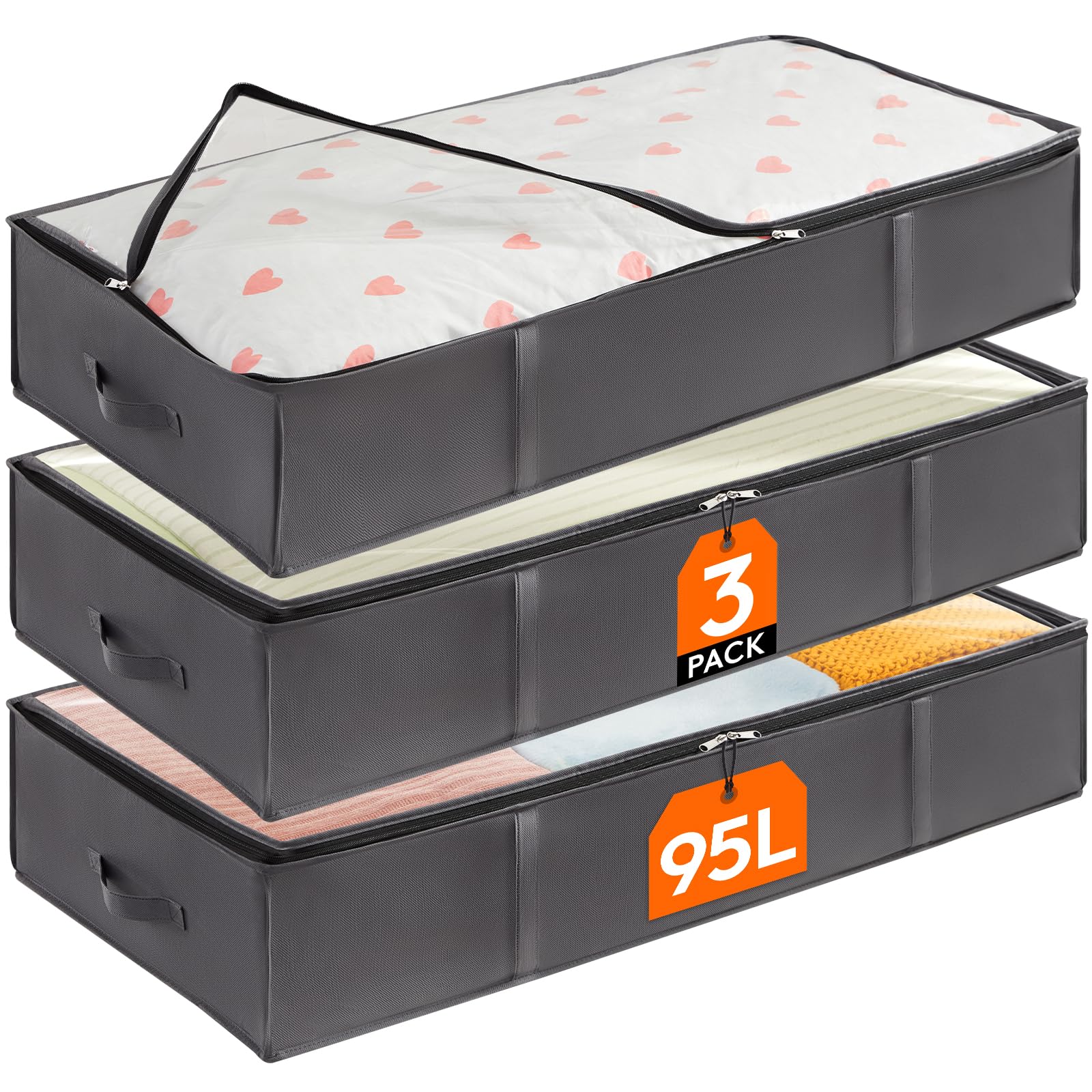 Lifewit 3 Pack 95L Under Bed Storage, Underbed Storage Boxes with lid Clothes Storage Bag Wardrobe Storage Organiser with Reinforced Handle