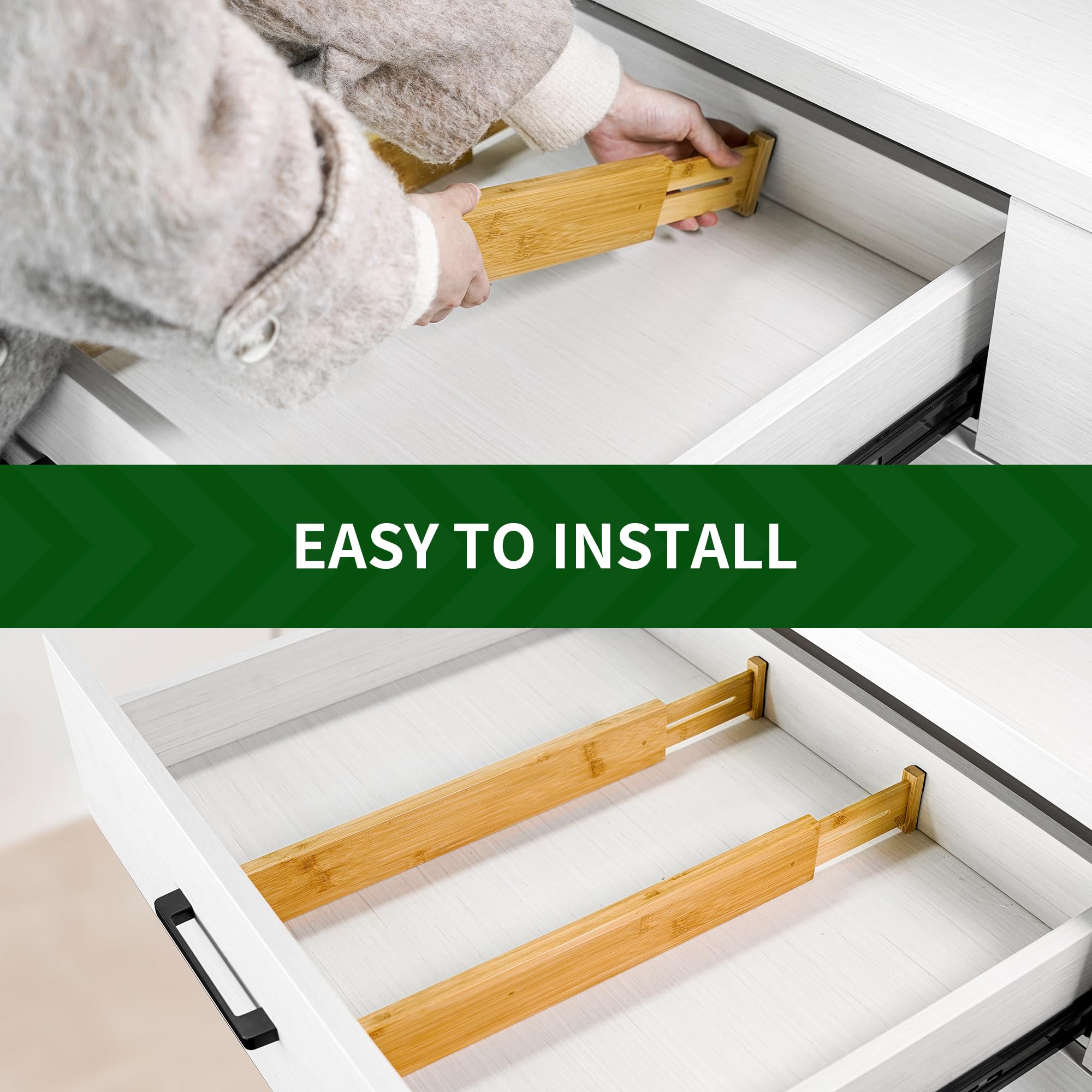 VaeFae Bamboo Drawer Dividers 6-Pack, Adjustable Kitchen Drawer Organisers