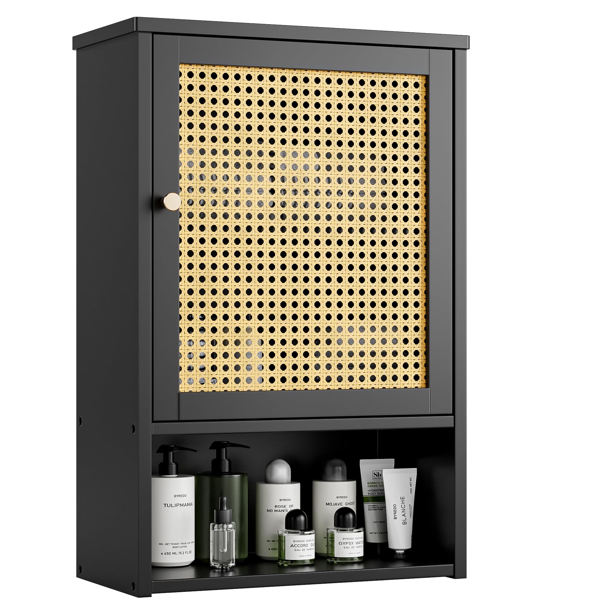 vovala Bathroom Wall Cabinet, Bamboo Over-The-Toilet Storage Organizer with Rattan Doors and Adjustable Shelf