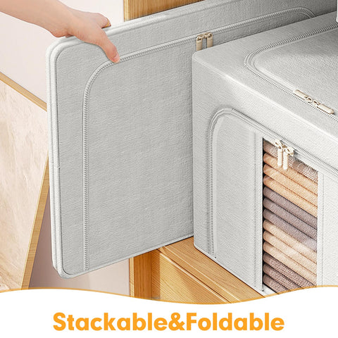 AIOR 2PCS 66L Clothes Storage Bags with Metal Frame, Foldable Fabric Storage Boxes with Clear Windows for Blankets Bedding Comforters