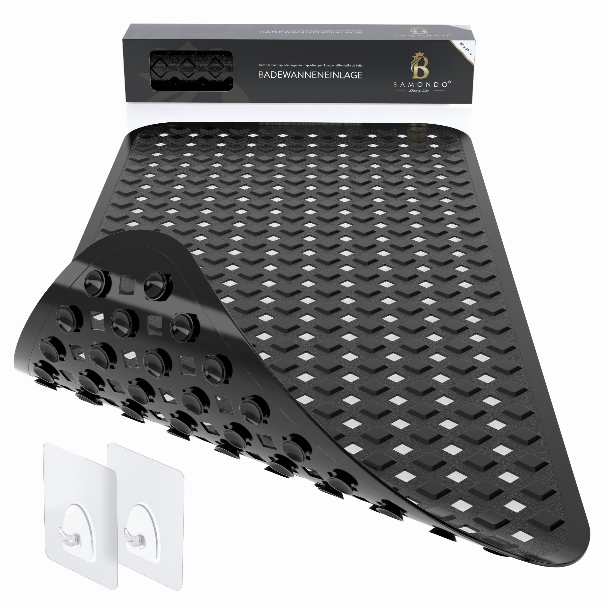 BAMONDO Bath Mat Non-Slip & Skin Sensitive (Black) - 88 x 39 cm - Machine Washable | Mould-Free | BPA Free