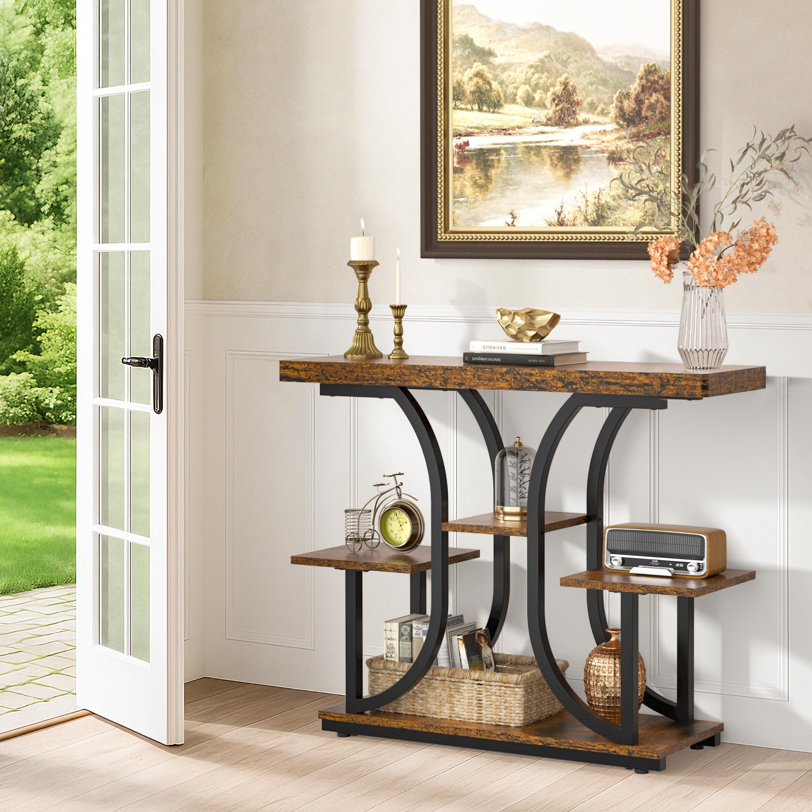 ikkle Console Table, 37'' Hallway Table Behind Sofa Table with Curved Base, Industrial 4-Tier Narrow Wood Slim Console Table with Storage for Living