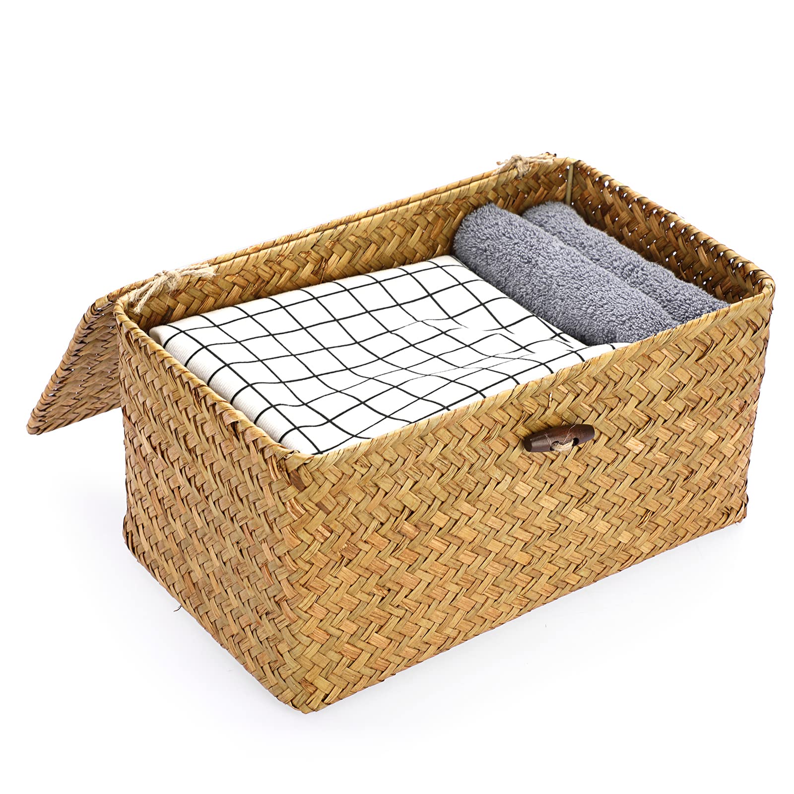 IGNPION Seagrass Storage Basket with Lid Woven Seagrass Rectangular Bathroom Storage Organiser Box