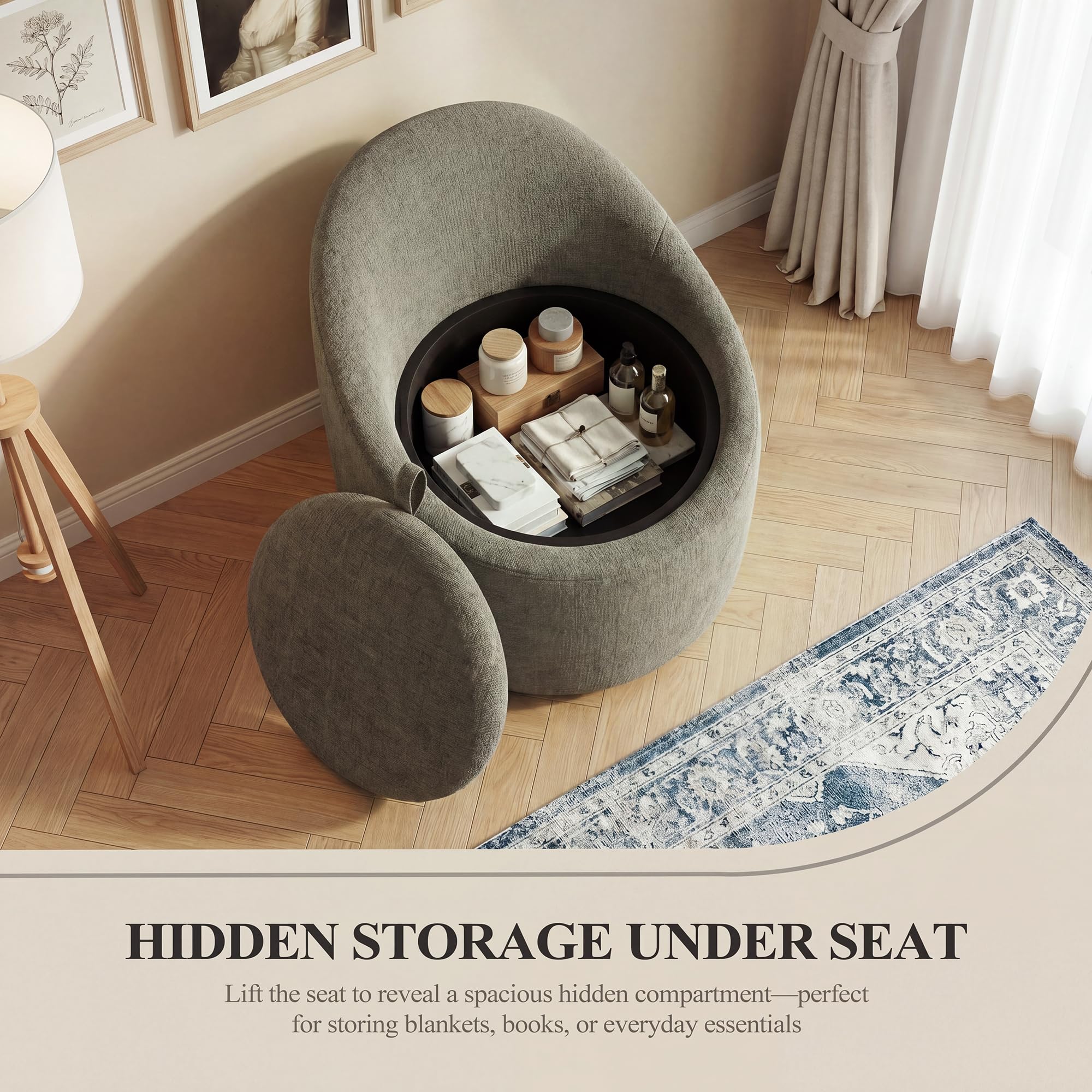 Barrel Swivel Accent Chair with Hidden Storage, 360° Rotating Lounge Chair, Upholstered Breathable Fabric, High Density Foam Seat
