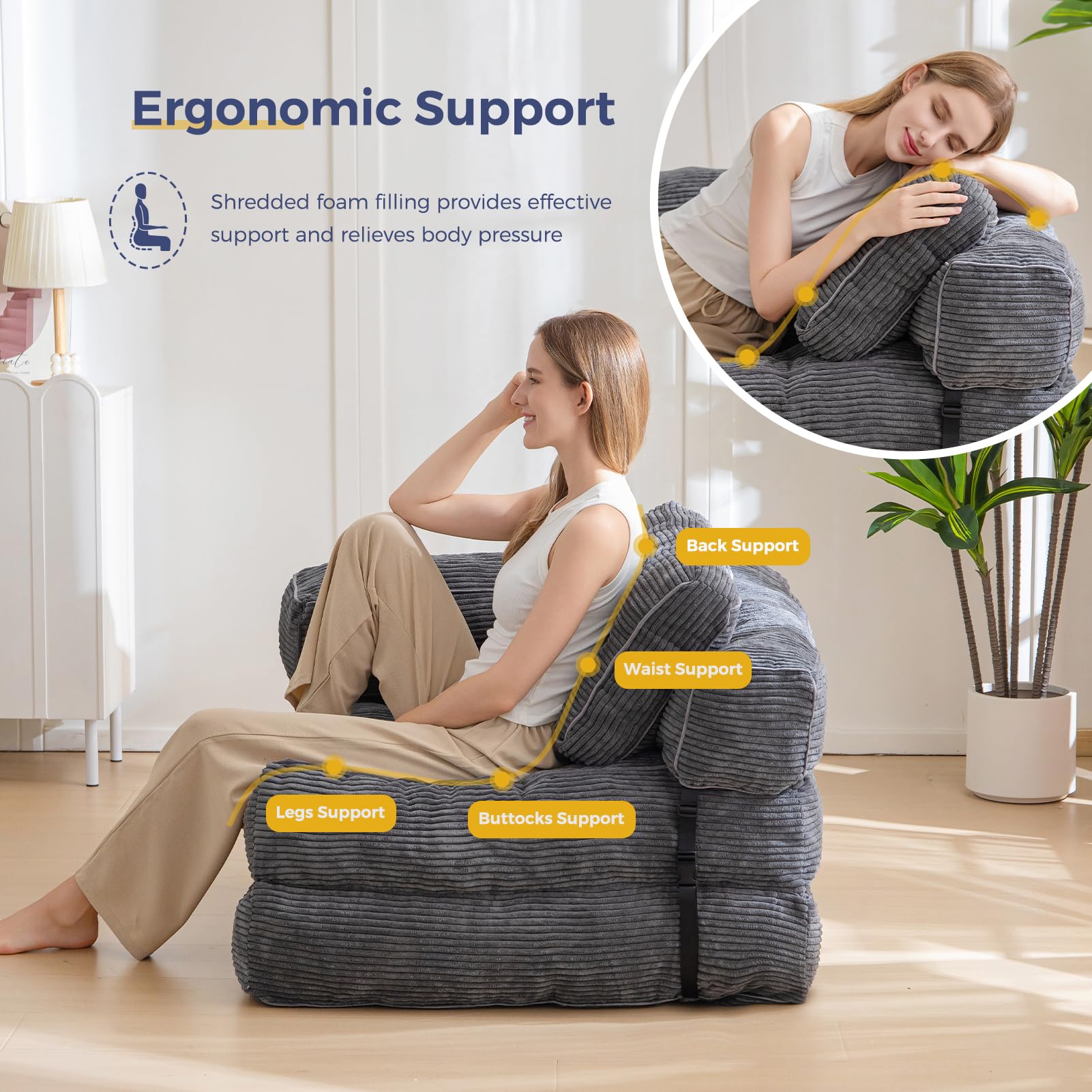 MAXYOYO Foldable Sofa Bed,Bean Bag Couch Convertible Sleeper Chair with Armrest L-Shaped Floor Lounge Sofa with Pillow Portable Lounge Seat for