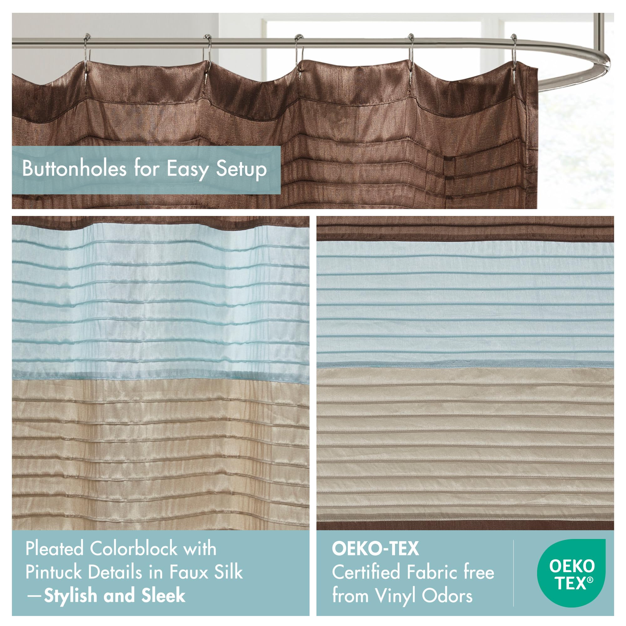 Madison Park Bathroom Shower Faux Silk Pieced Striped Modern Microfiber Bath Curtains, Polyester, Blue, 72" W x 72" L (Pack of 1)