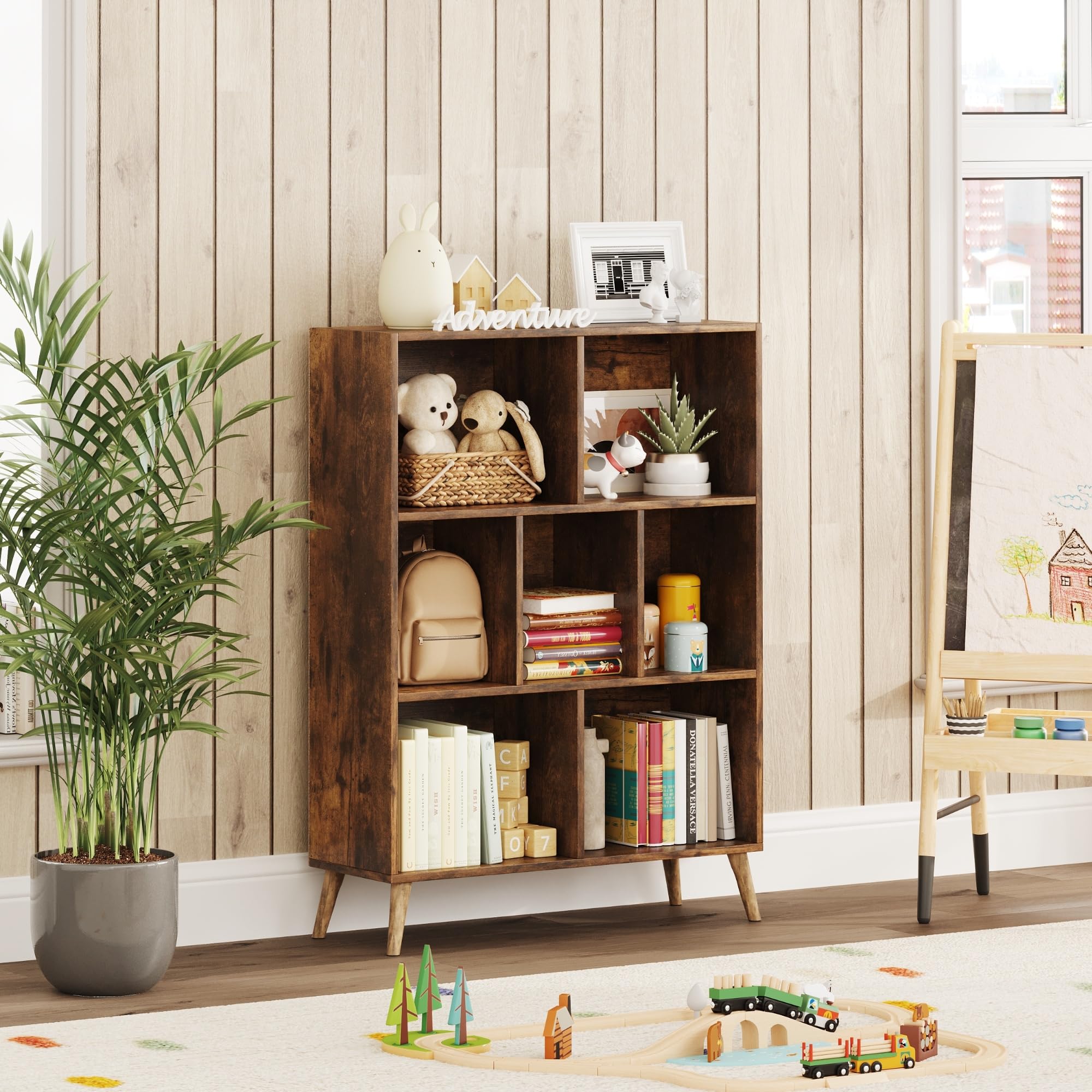 CAIYUN 7 Cube Bookshelf, 3 Tier Modern White Bookcase with Legs, 31 inch Wooden Book Shelf, Toy Storage Organizer