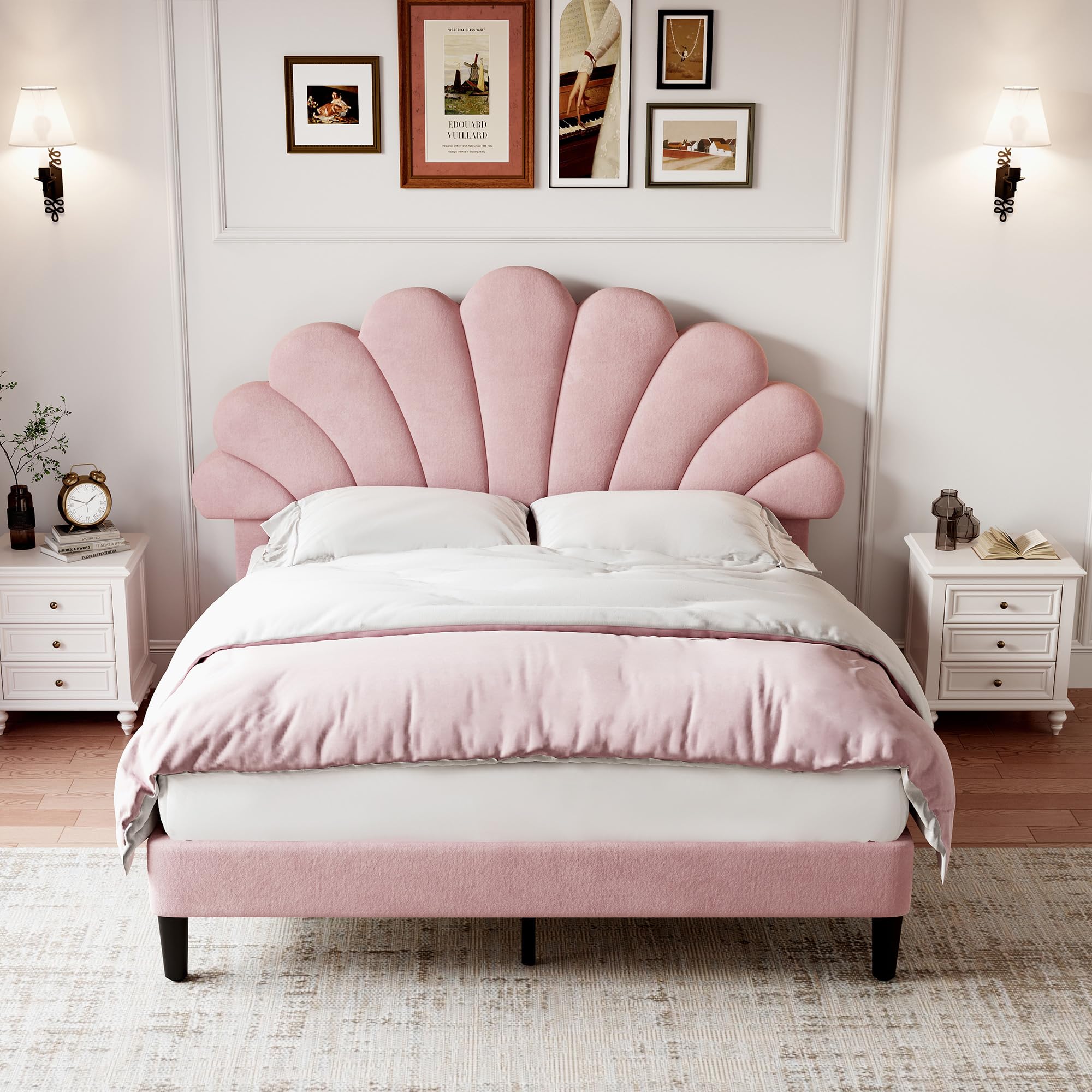 Merax 4ft6 Platform Bed Frame Double Upholstered with Adjustable Chic Petal Headboard, Solid Wood Slat Support, No Box Spring Needed