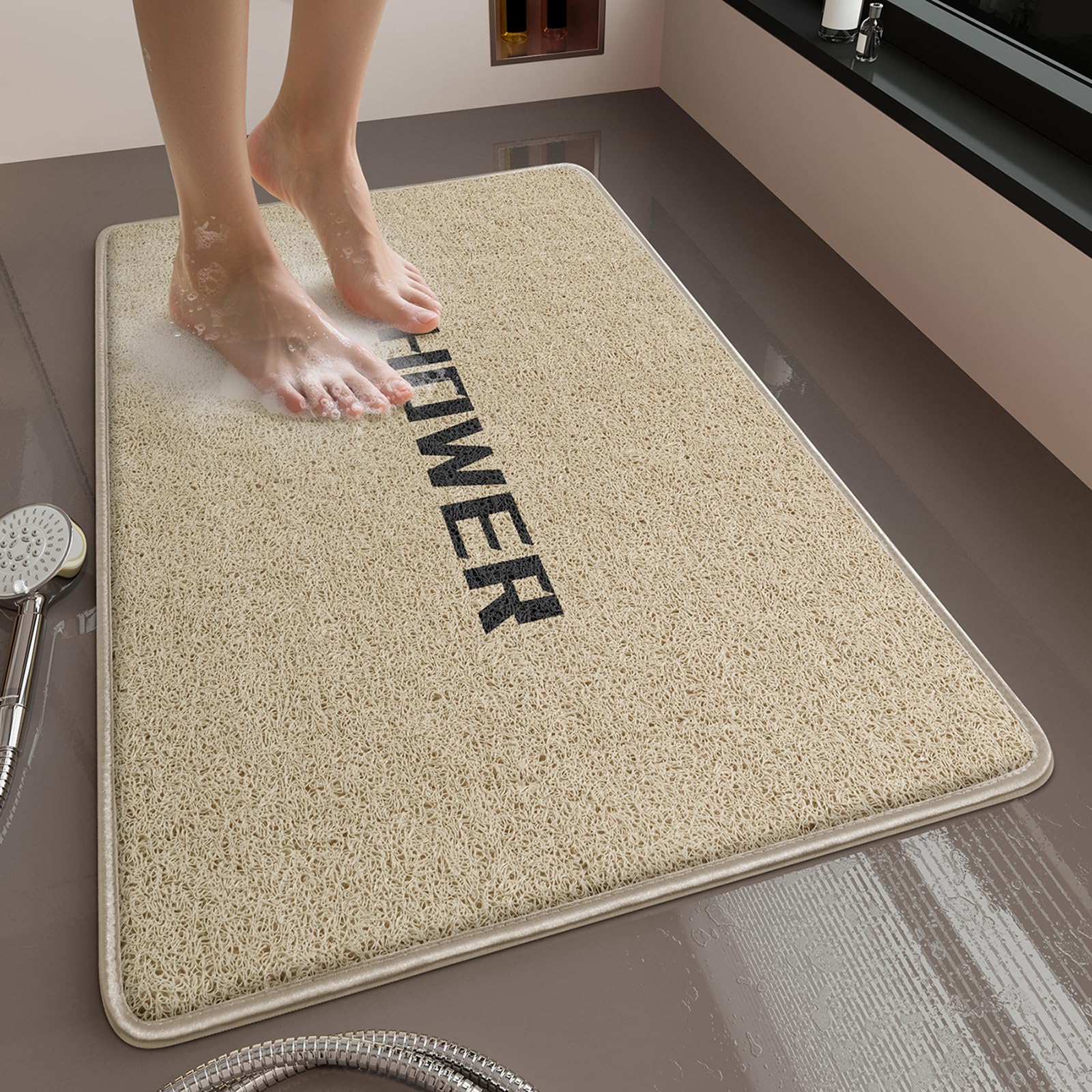 Muecleao Loofah Shower Mat, Non Slip Anti Mould Bath Mats with Reinforced Edge for Inside Shower, Washable Antibacterial Soft PVC Bath Mat with Drain