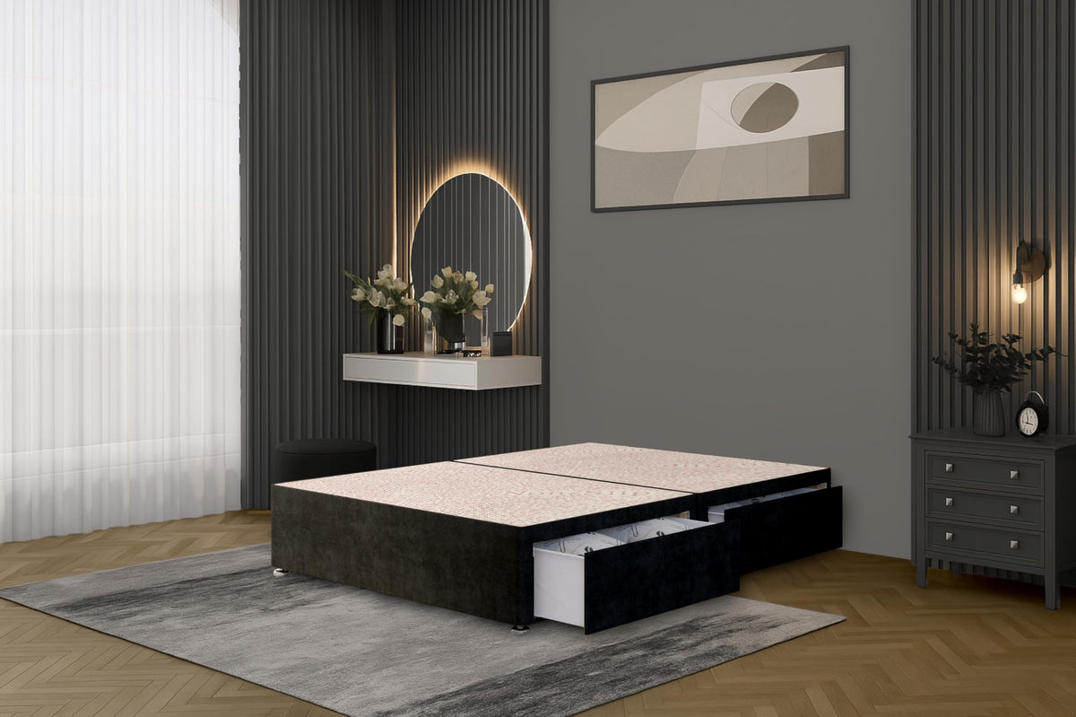 Bed Centre Flexby Divan Bed Base Only with 2 Drawers (Same Side), No Headboard - Available in 3FT, 4FT, 5FT & 6FT (3FT Single, Plush Black Fabric)