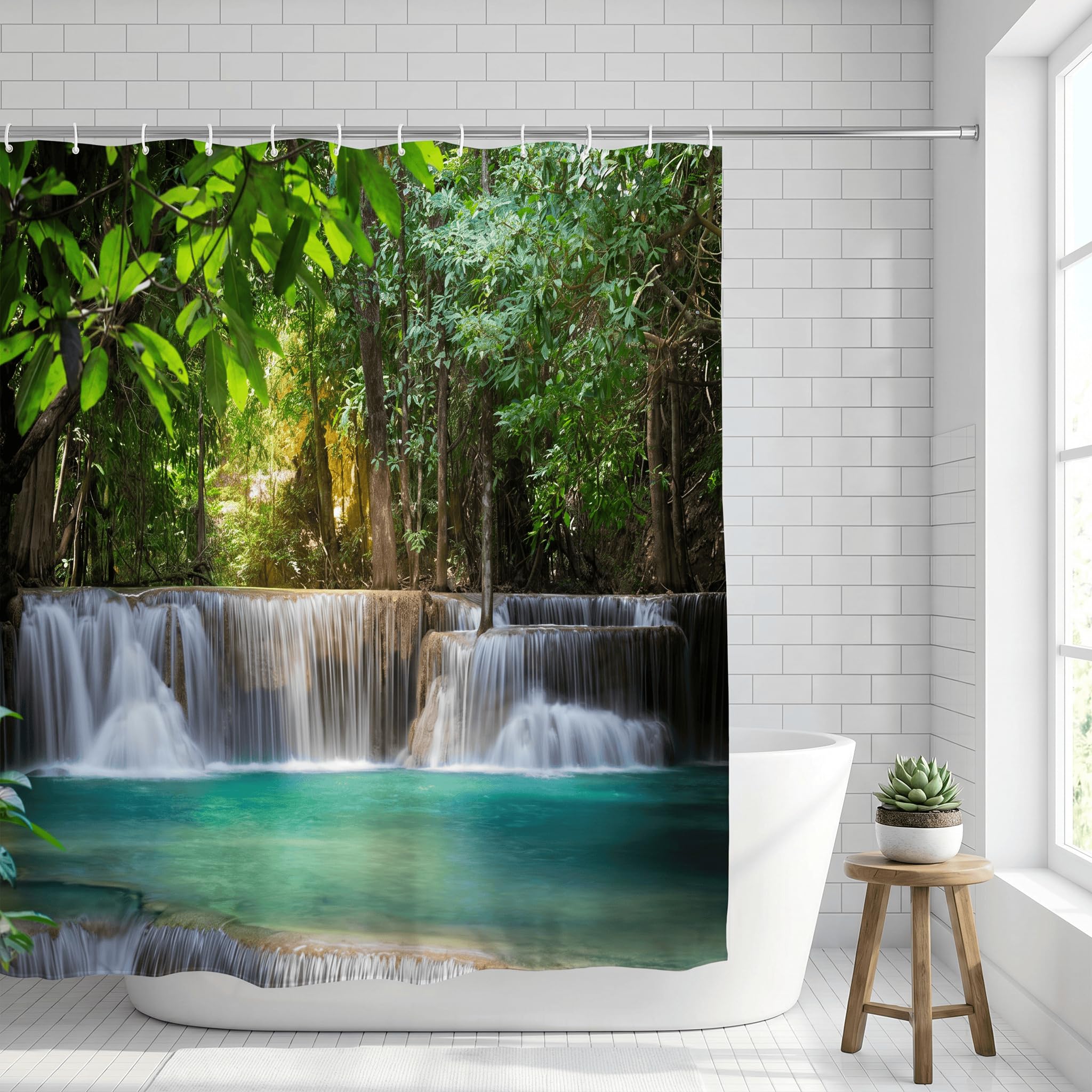 goodbath Garden Shower Curtain Outdoor Waterfalls, 3D Nature Scenery Landscape Forest Trees Bath Curtains for Bathroom Fence Wall, 180 x 180 cm