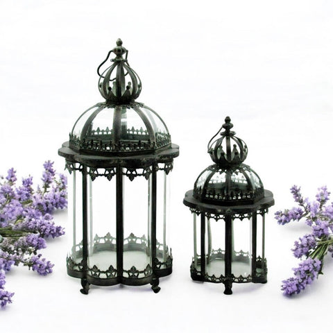 Stylish Set of 2 Metal Grey Tealight Lantern Holders – Decorative Glass & Metal Candle Holders, Versatile for Tealight or Mini Pillar Candles, Perfect for Home, Garden & Tabletop Décor