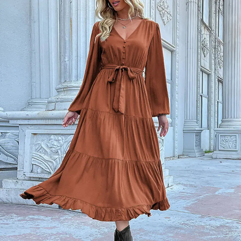 Casual Long Sleeve Solid Color Dress Draping Effect
