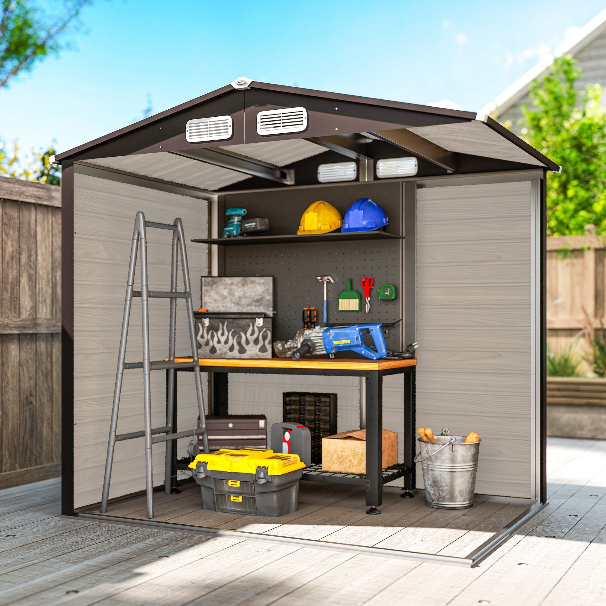 Outsunny 6.2 x 4.3ft Garden Metal Shed with Vent for Garden, Patio, Oak